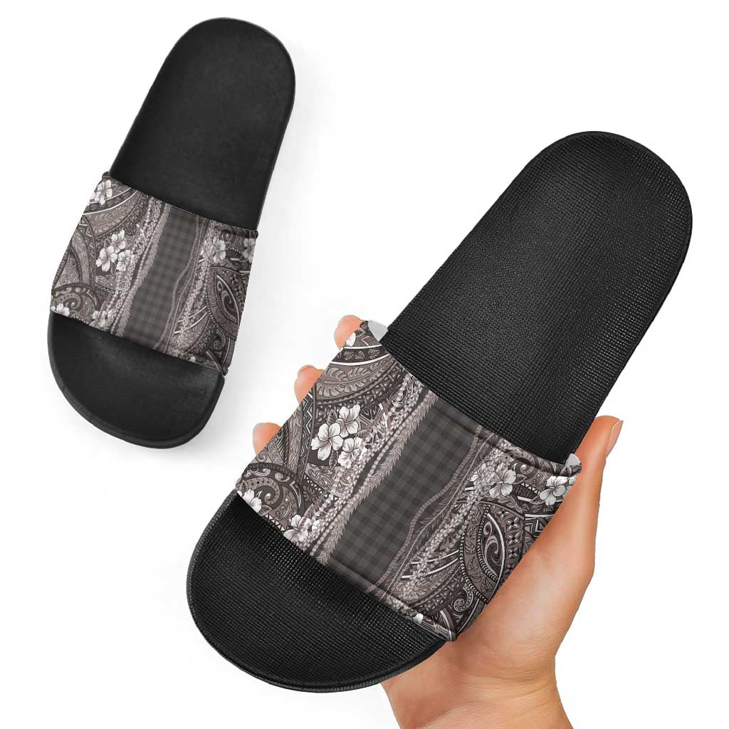 Hawaiian Art Flower Tribal with Lei Slide Sandals Palaka Pattern Grayscale - Polynesian Pride