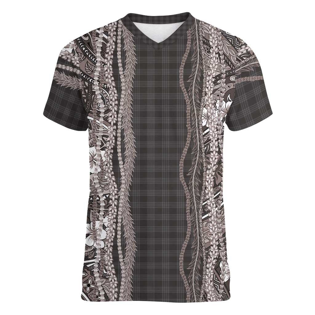 Hawaiian Art Flower Tribal with Lei Women V-Neck T-Shirt Palaka Pattern Grayscale - Polynesian Pride