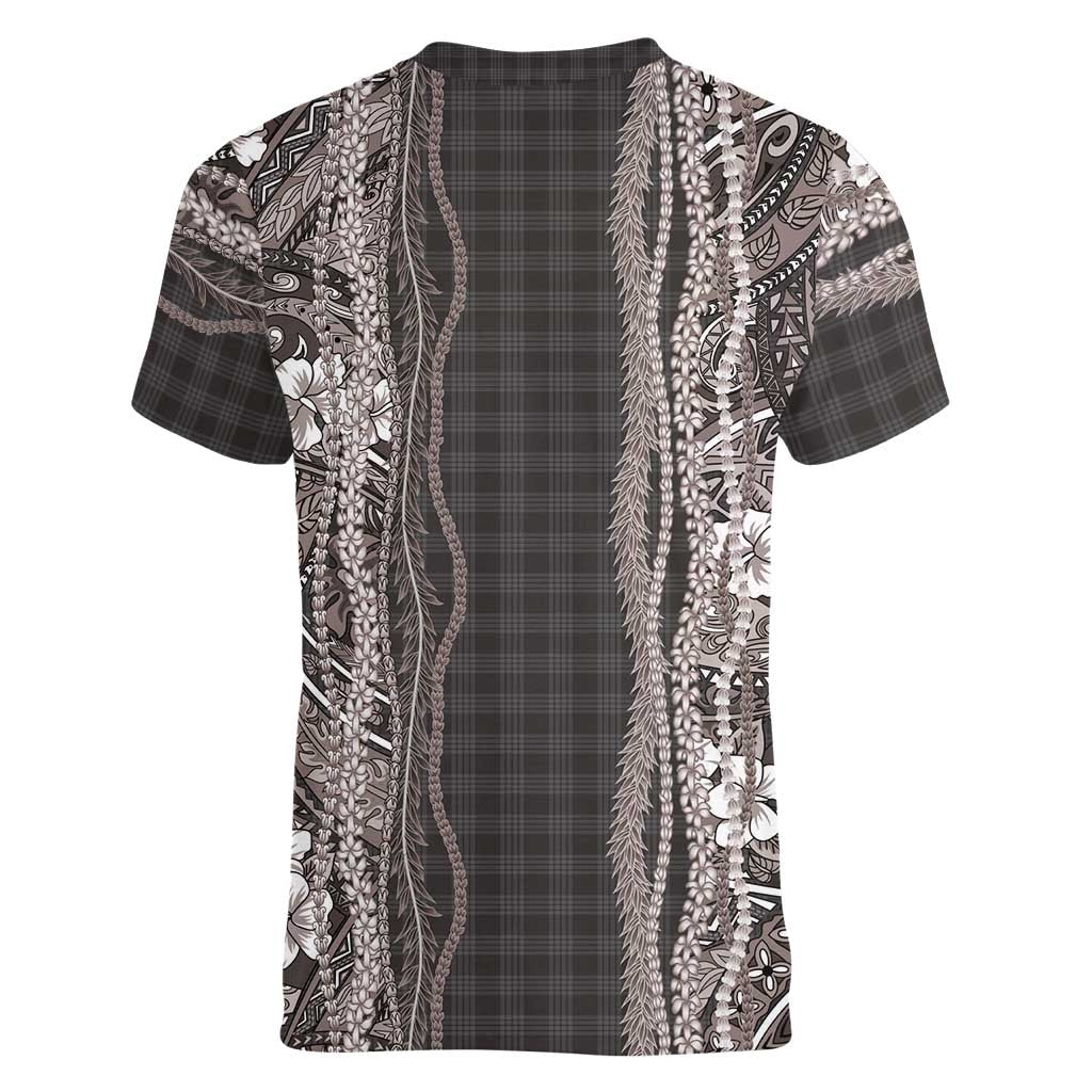 Hawaiian Art Flower Tribal with Lei Women V-Neck T-Shirt Palaka Pattern Grayscale - Polynesian Pride