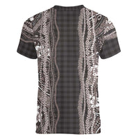 Hawaiian Art Flower Tribal with Lei Women V-Neck T-Shirt Palaka Pattern Grayscale - Polynesian Pride