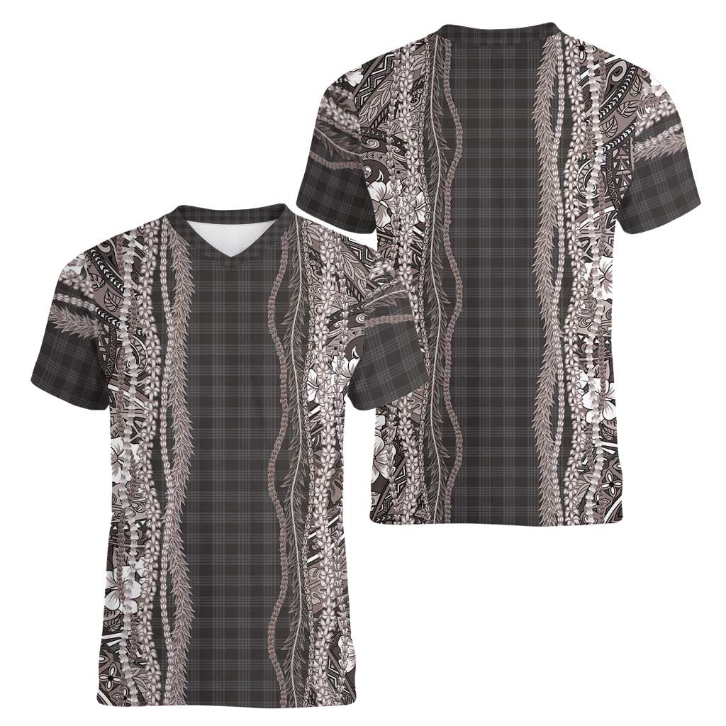 Hawaiian Art Flower Tribal with Lei Women V-Neck T-Shirt Palaka Pattern Grayscale - Polynesian Pride