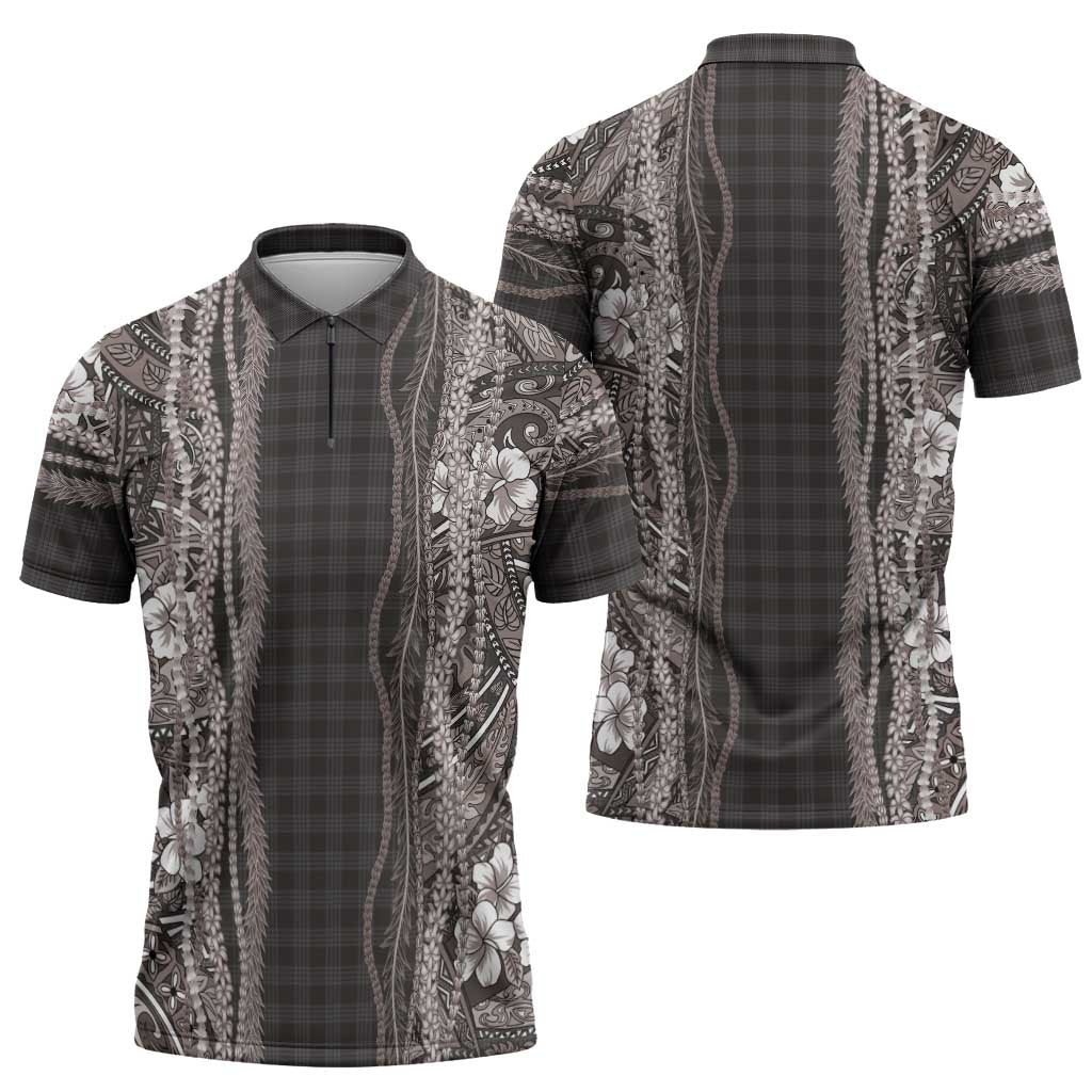 Hawaiian Art Flower Tribal with Lei Zipper Polo Shirt Palaka Pattern Grayscale - Polynesian Pride