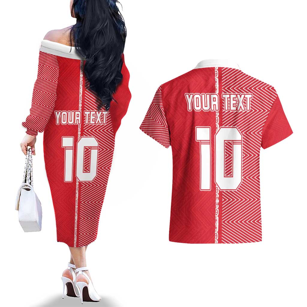 Custom Tahiti Football-Iron Warriors Couples Matching Off The Shoulder Long Sleeve Dress and Hawaiian Shirt