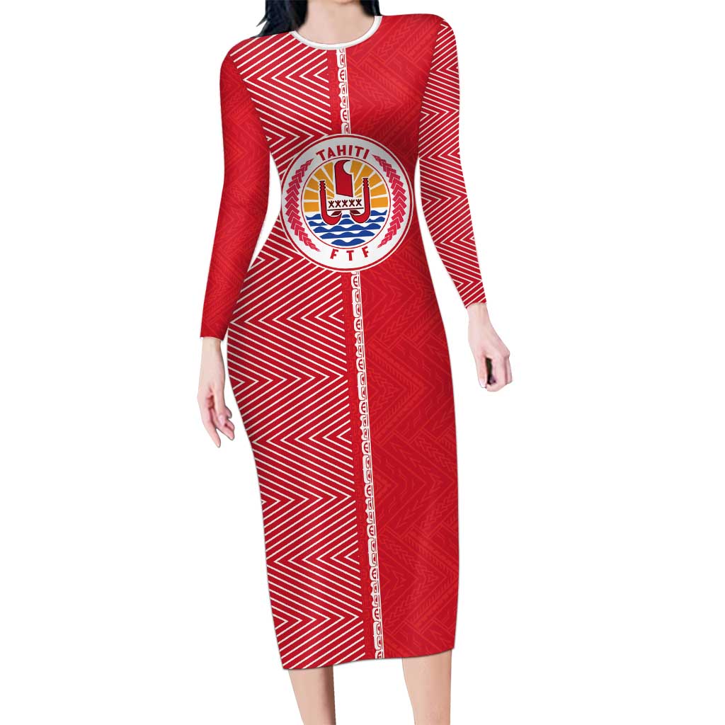 Custom Tahiti Football-Iron Warriors Family Matching Long Sleeve Bodycon Dress and Hawaiian Shirt LT03 Mom's Dress Red - Polynesian Pride