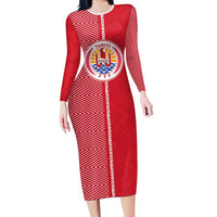 Custom Tahiti Football-Iron Warriors Family Matching Long Sleeve Bodycon Dress and Hawaiian Shirt LT03 Mom's Dress Red - Polynesian Pride