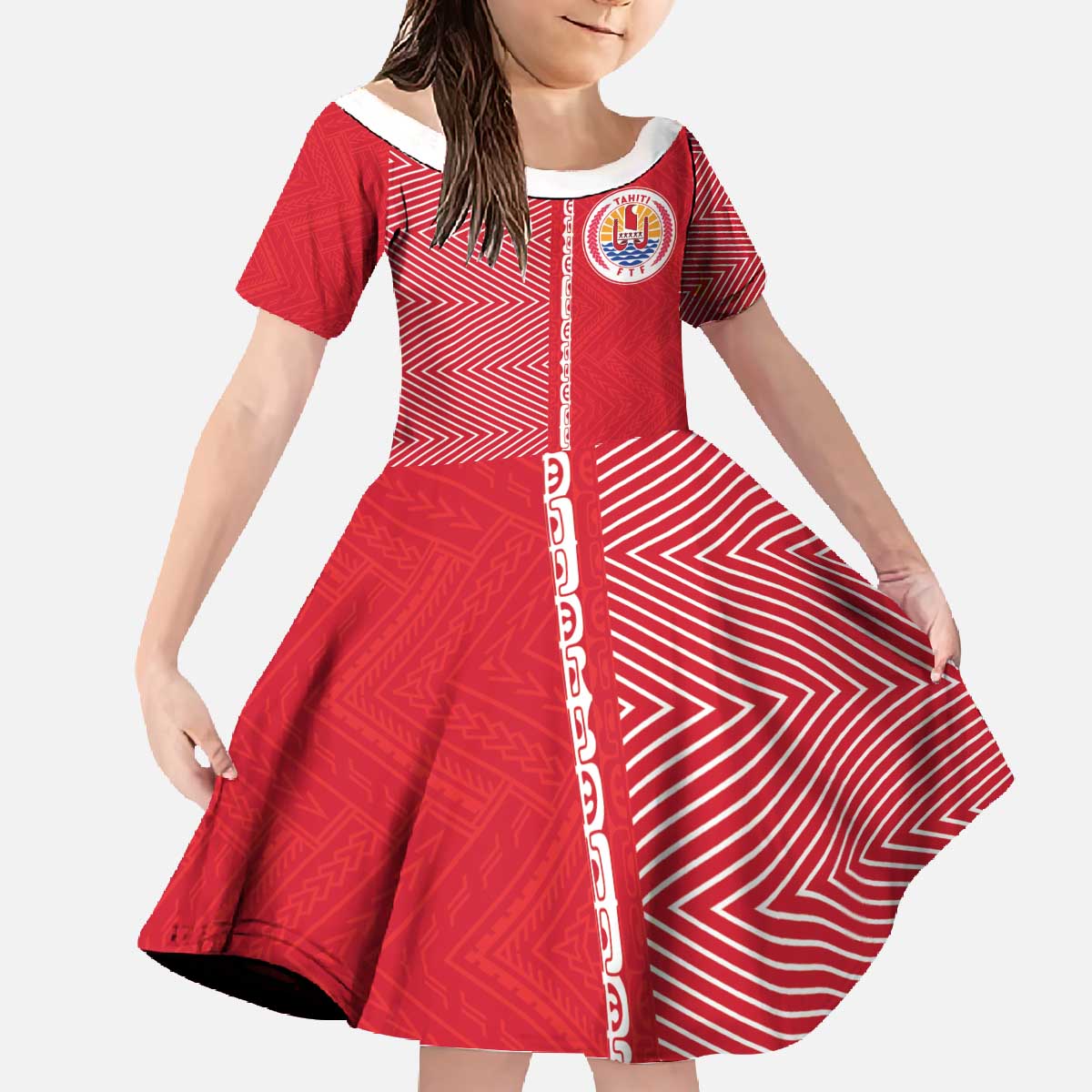 Custom Tahiti Football-Iron Warriors Family Matching Off The Shoulder Long Sleeve Dress and Hawaiian Shirt LT03 Daughter's Dress Red - Polynesian Pride