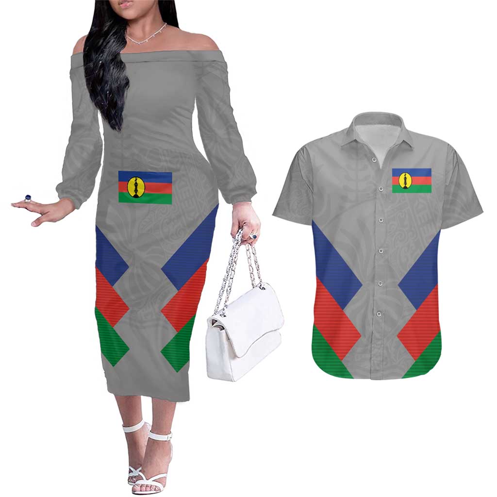 Custom New Caledonia-The Kagus Couples Matching Off The Shoulder Long Sleeve Dress and Hawaiian Shirt