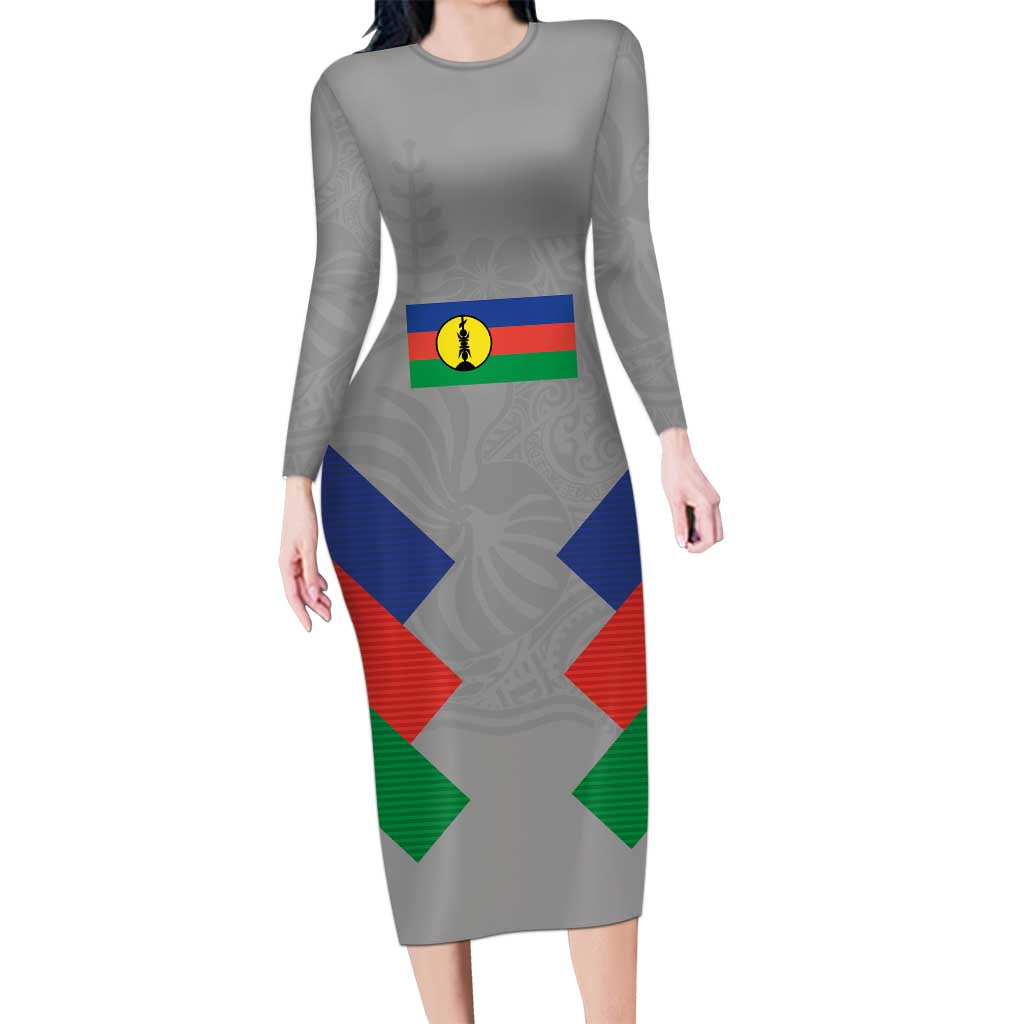 Custom New Caledonia-The Kagus Family Matching Long Sleeve Bodycon Dress and Hawaiian Shirt LT03 Mom's Dress Gray - Polynesian Pride