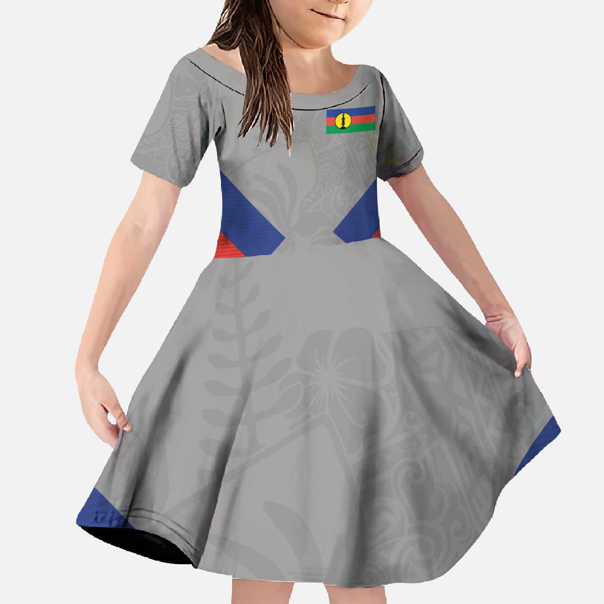 Custom New Caledonia-The Kagus Family Matching Off The Shoulder Long Sleeve Dress and Hawaiian Shirt LT03 Daughter's Dress Gray - Polynesian Pride