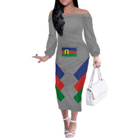 Custom New Caledonia-The Kagus Family Matching Off The Shoulder Long Sleeve Dress and Hawaiian Shirt LT03 Mom's Dress Gray - Polynesian Pride
