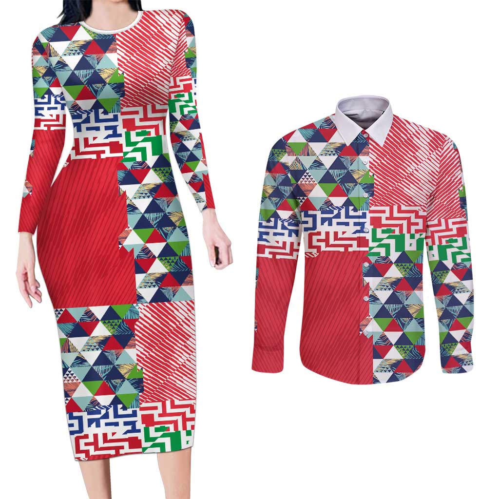 Hawaiian Floral Kakau Tropical Leaves-Sporty Style Couples Matching Long Sleeve Bodycon Dress and Long Sleeve Button Shirt LT03 Art - Polynesian Pride