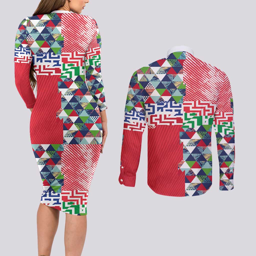 Hawaiian Floral Kakau Tropical Leaves-Sporty Style Couples Matching Long Sleeve Bodycon Dress and Long Sleeve Button Shirt LT03 - Polynesian Pride