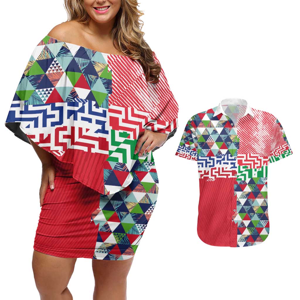Hawaiian Floral Kakau Tropical Leaves-Sporty Style Couples Matching Off Shoulder Short Dress and Hawaiian Shirt LT03 Art - Polynesian Pride