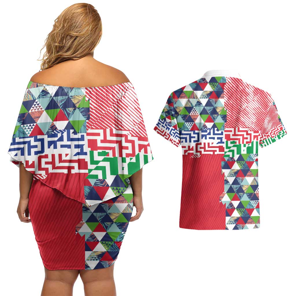 Hawaiian Floral Kakau Tropical Leaves-Sporty Style Couples Matching Off Shoulder Short Dress and Hawaiian Shirt LT03 - Polynesian Pride