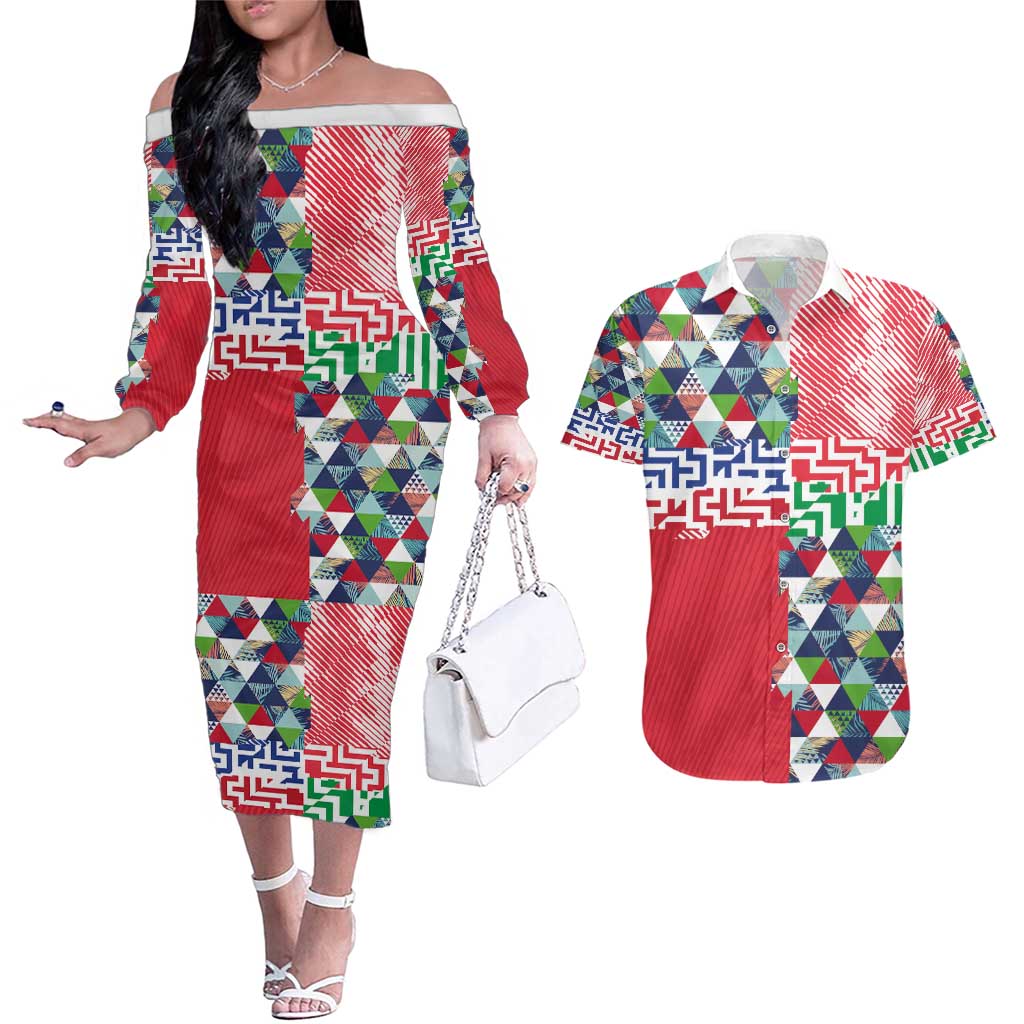 Hawaiian Floral Kakau Tropical Leaves-Sporty Style Couples Matching Off The Shoulder Long Sleeve Dress and Hawaiian Shirt LT03 Art - Polynesian Pride