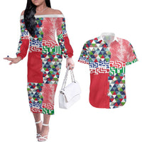 Hawaiian Floral Kakau Tropical Leaves-Sporty Style Couples Matching Off The Shoulder Long Sleeve Dress and Hawaiian Shirt LT03 Art - Polynesian Pride