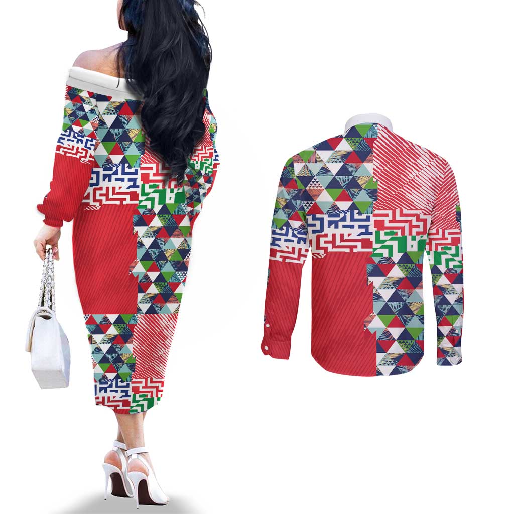 Hawaiian Floral Kakau Tropical Leaves-Sporty Style Couples Matching Off The Shoulder Long Sleeve Dress and Long Sleeve Button Shirt LT03 - Polynesian Pride
