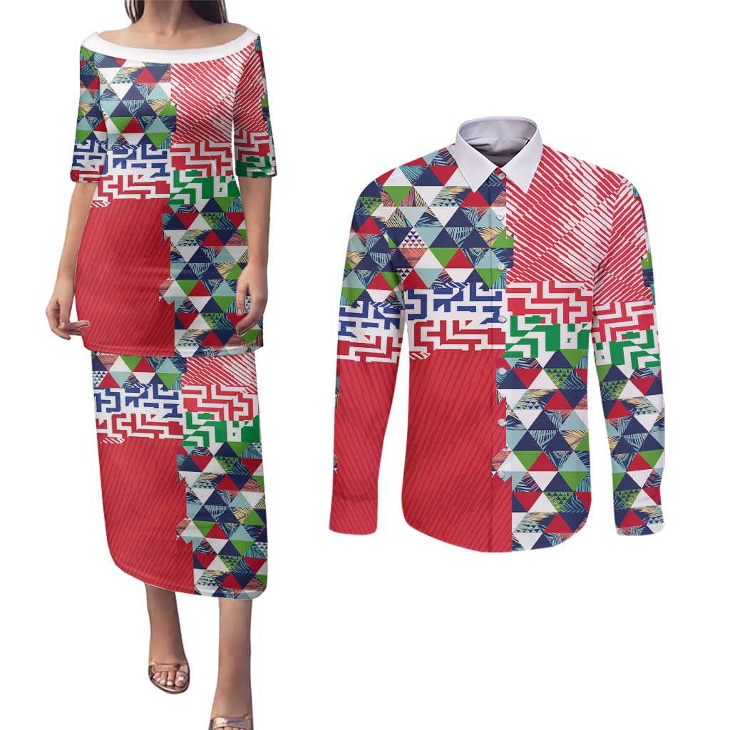 Hawaiian Floral Kakau Tropical Leaves-Sporty Style Couples Matching Puletasi and Long Sleeve Button Shirt