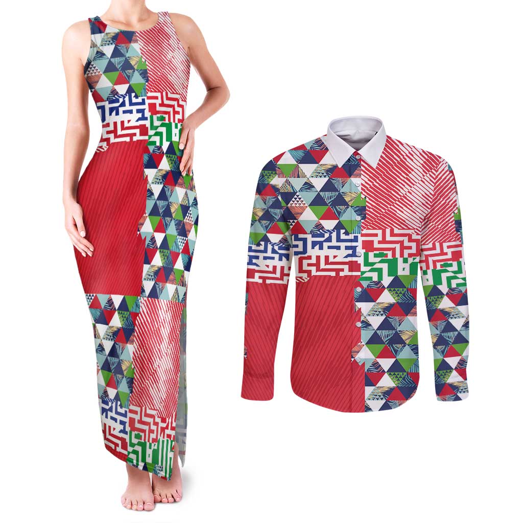 Hawaiian Floral Kakau Tropical Leaves-Sporty Style Couples Matching Tank Maxi Dress and Long Sleeve Button Shirt LT03 Art - Polynesian Pride