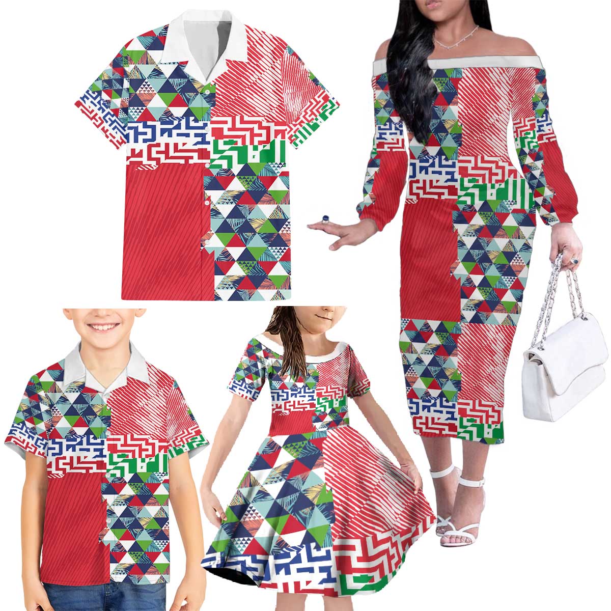 Hawaiian Floral Kakau Tropical Leaves-Sporty Style Family Matching Off The Shoulder Long Sleeve Dress and Hawaiian Shirt LT03 - Polynesian Pride