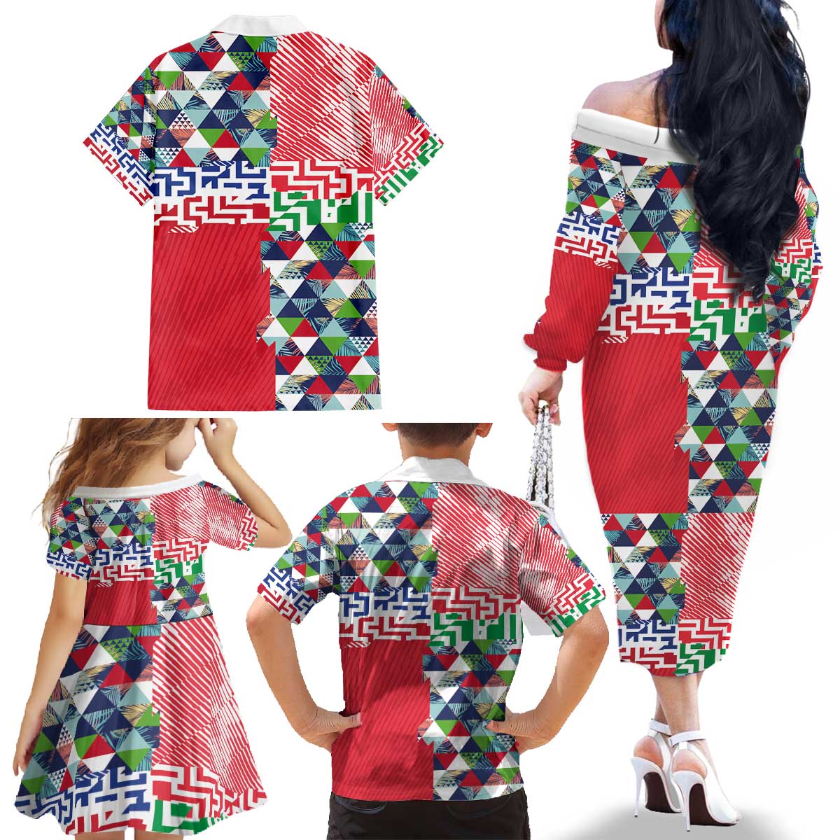 Hawaiian Floral Kakau Tropical Leaves-Sporty Style Family Matching Off The Shoulder Long Sleeve Dress and Hawaiian Shirt LT03 - Polynesian Pride