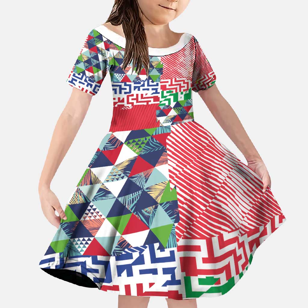 Hawaiian Floral Kakau Tropical Leaves-Sporty Style Family Matching Off Shoulder Maxi Dress and Hawaiian Shirt LT03 Daughter's Dress Art - Polynesian Pride