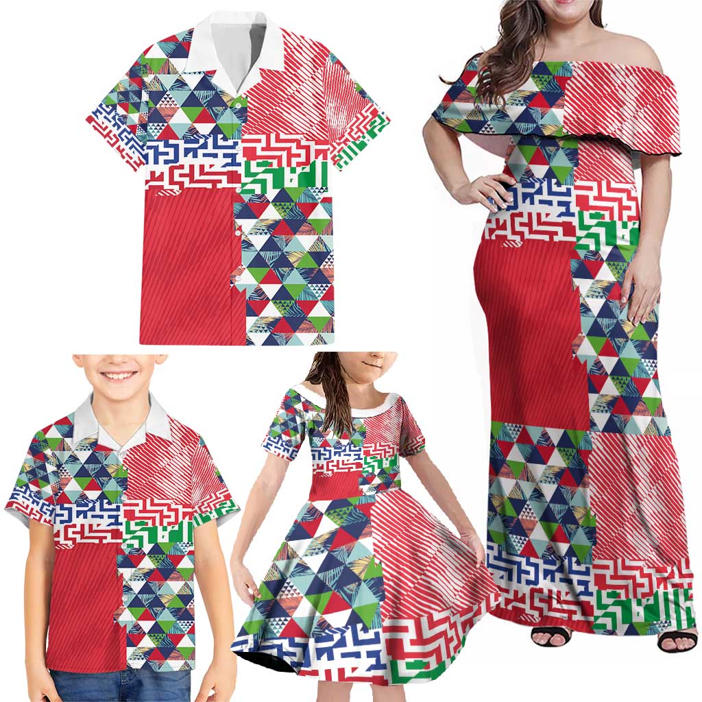 Hawaiian Floral Kakau Tropical Leaves-Sporty Style Family Matching Off Shoulder Maxi Dress and Hawaiian Shirt LT03 - Polynesian Pride