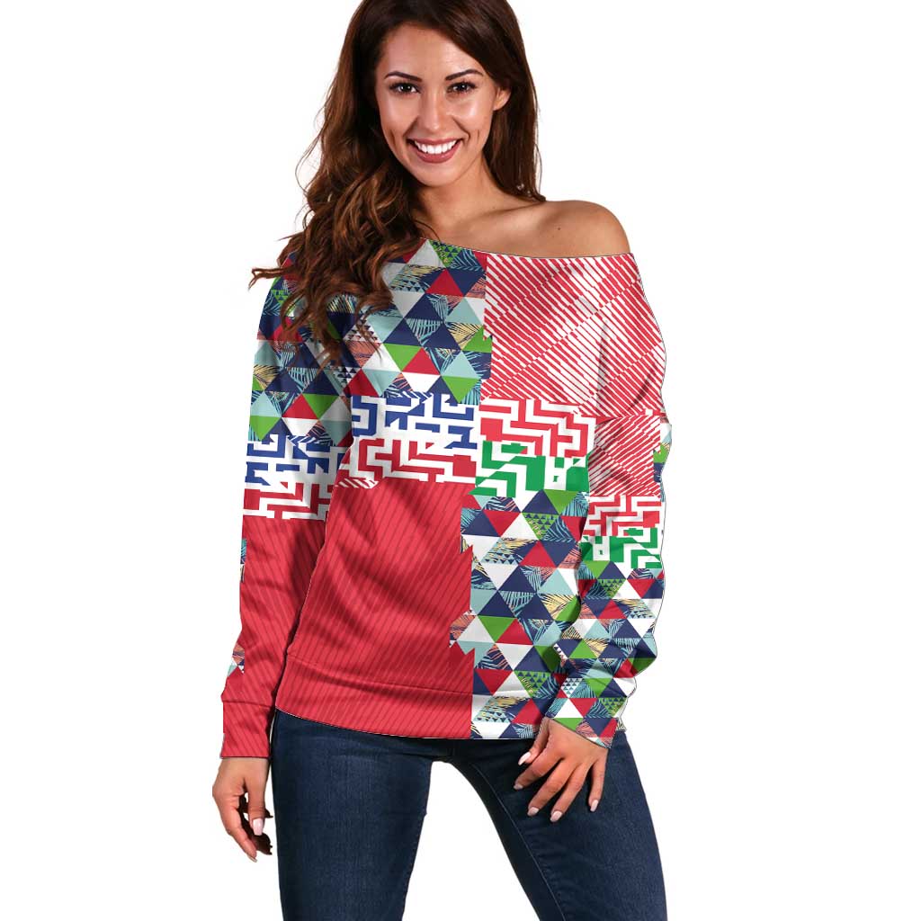 Hawaiian Floral Kakau Tropical Leaves-Sporty Style Off Shoulder Sweater