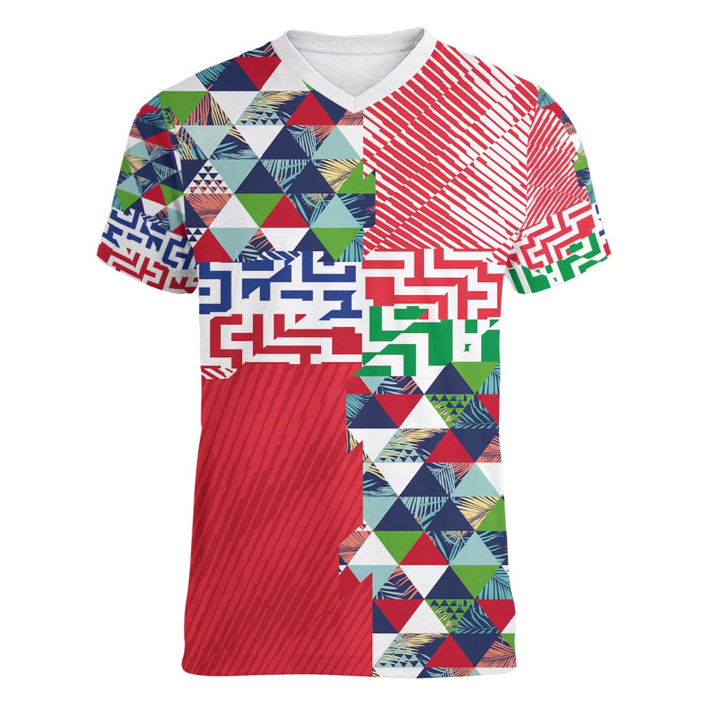 Hawaiian Floral Kakau Tropical Leaves-Sporty Style Women V-Neck T-Shirt