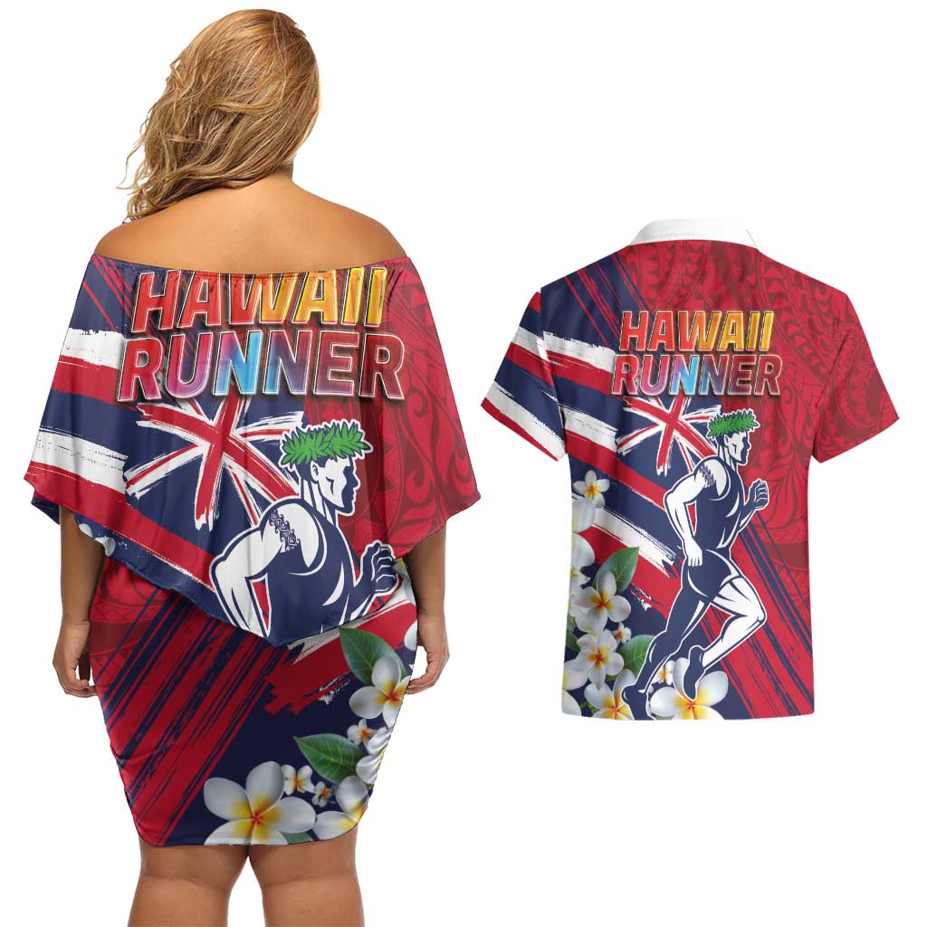 Hawaii Runner-Kakau Art with Lei and Plumeria Couples Matching Off Shoulder Short Dress and Hawaiian Shirt