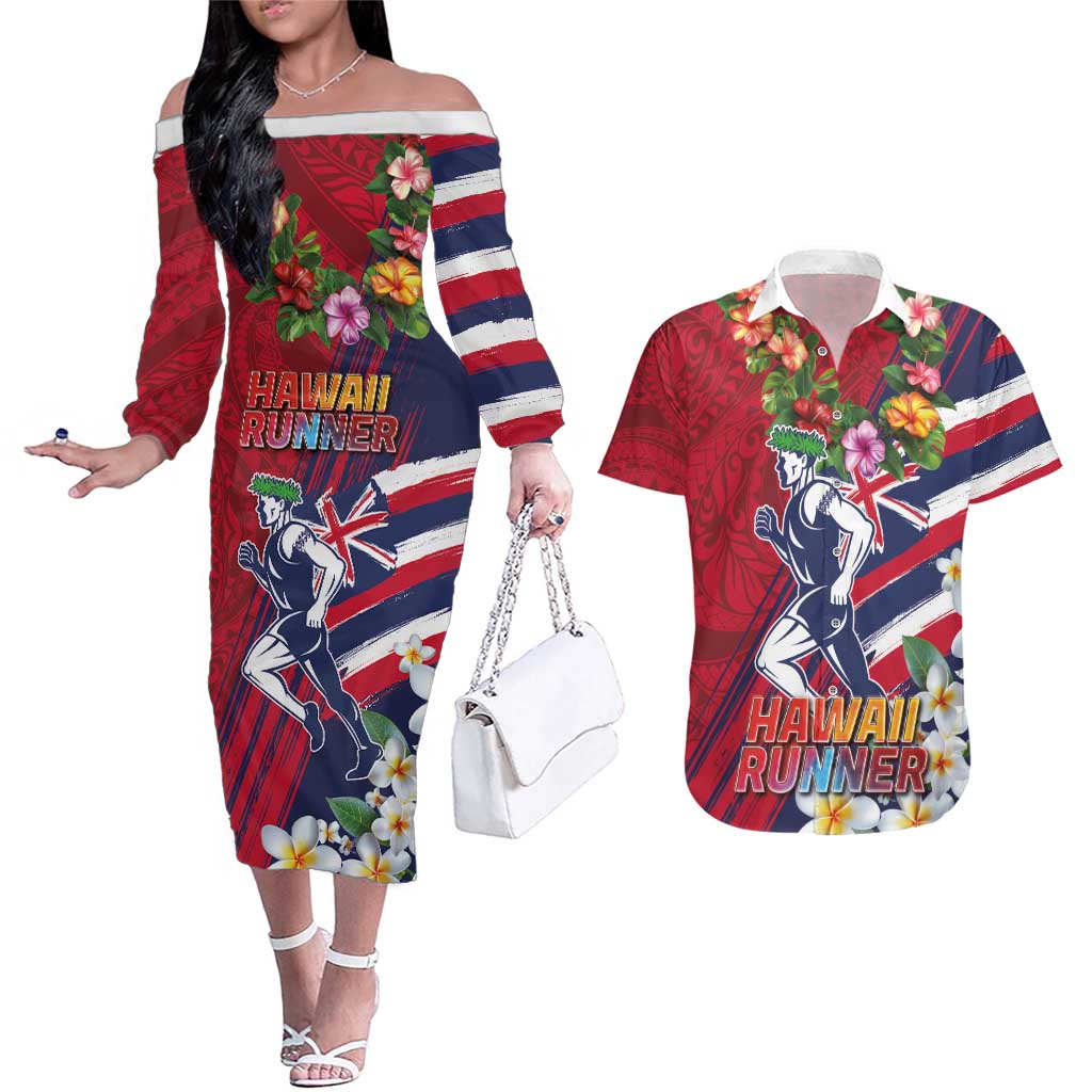 Hawaii Runner-Kakau Art with Lei and Plumeria Couples Matching Off The Shoulder Long Sleeve Dress and Hawaiian Shirt LT03 Red-Blue - Polynesian Pride