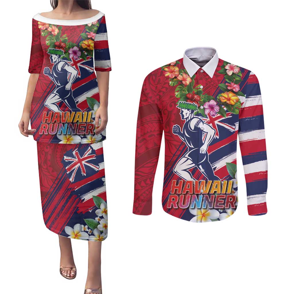 Hawaii Runner-Kakau Art with Lei and Plumeria Couples Matching Puletasi and Long Sleeve Button Shirt