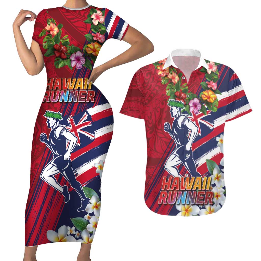Hawaii Runner-Kakau Art with Lei and Plumeria Couples Matching Short Sleeve Bodycon Dress and Hawaiian Shirt LT03 Red-Blue - Polynesian Pride