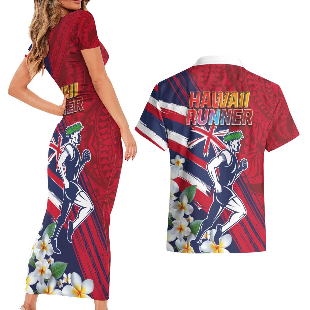 Hawaii Runner-Kakau Art with Lei and Plumeria Couples Matching Short Sleeve Bodycon Dress and Hawaiian Shirt LT03 - Polynesian Pride
