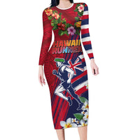 Hawaii Runner-Kakau Art with Lei and Plumeria Family Matching Long Sleeve Bodycon Dress and Hawaiian Shirt LT03 Mom's Dress Red-Blue - Polynesian Pride