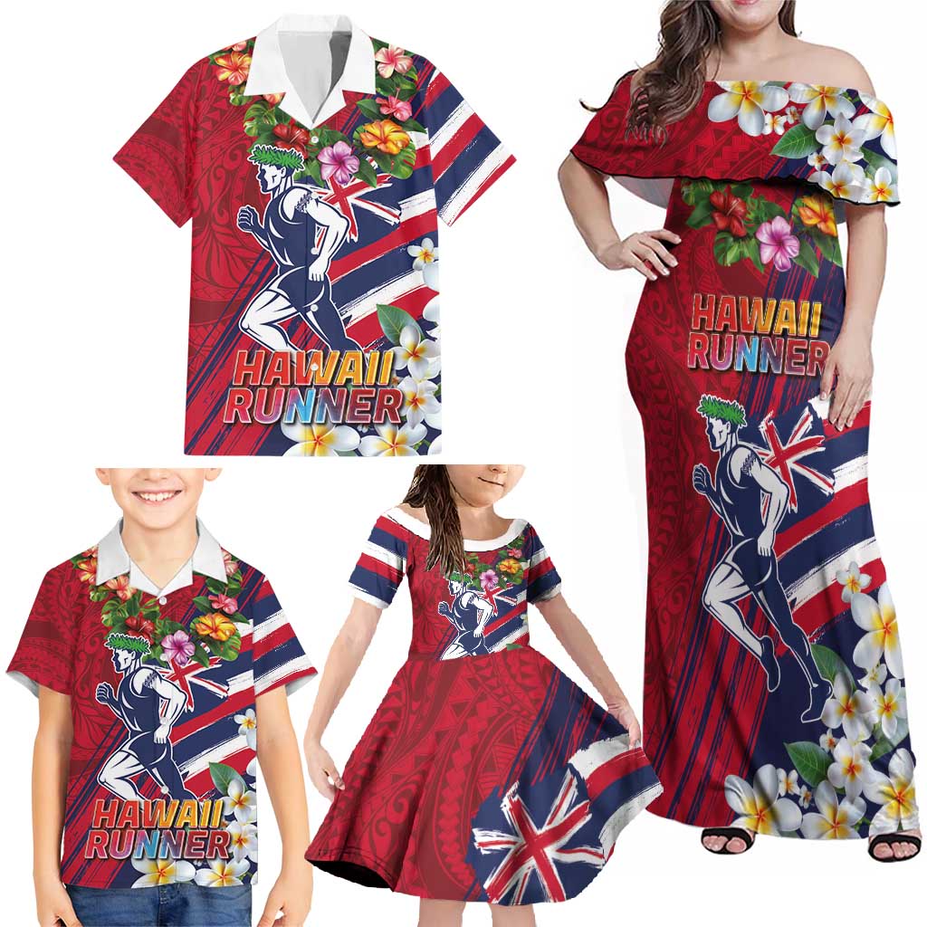 Hawaii Runner-Kakau Art with Lei and Plumeria Family Matching Off Shoulder Maxi Dress and Hawaiian Shirt LT03 - Polynesian Pride