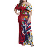 Hawaii Runner-Kakau Art with Lei and Plumeria Family Matching Off Shoulder Maxi Dress and Hawaiian Shirt LT03 Mom's Dress Red-Blue - Polynesian Pride