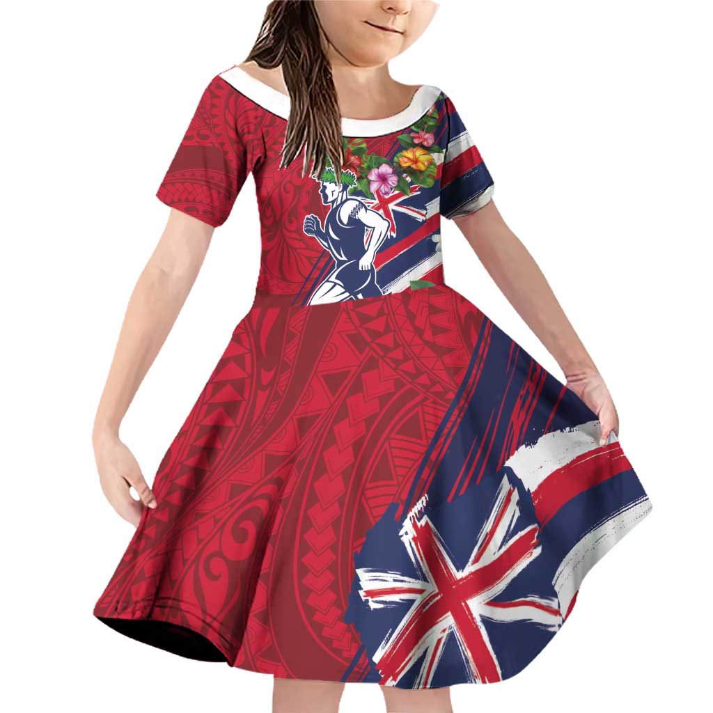 Hawaii Runner-Kakau Art with Lei and Plumeria Family Matching Off Shoulder Short Dress and Hawaiian Shirt LT03 Daughter's Dress Red-Blue - Polynesian Pride