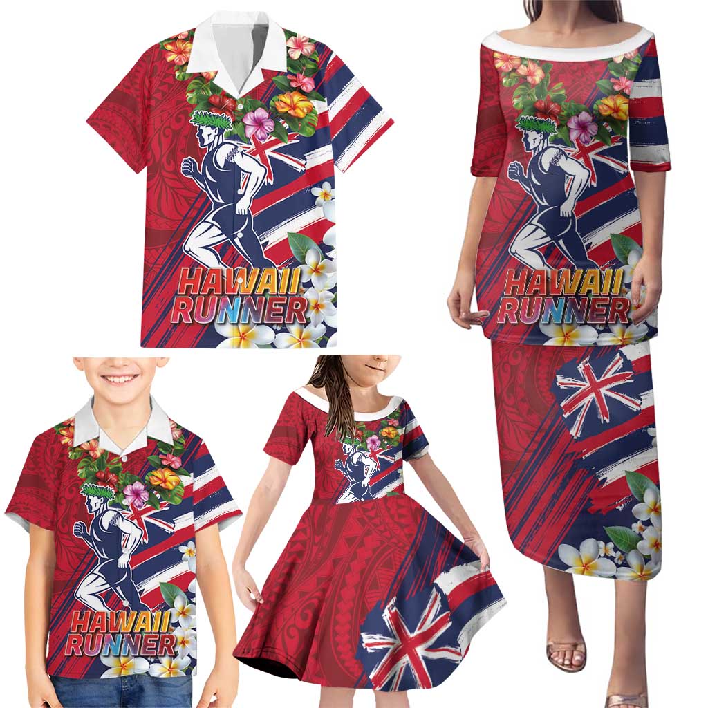 Hawaii Runner-Kakau Art with Lei and Plumeria Family Matching Puletasi and Hawaiian Shirt