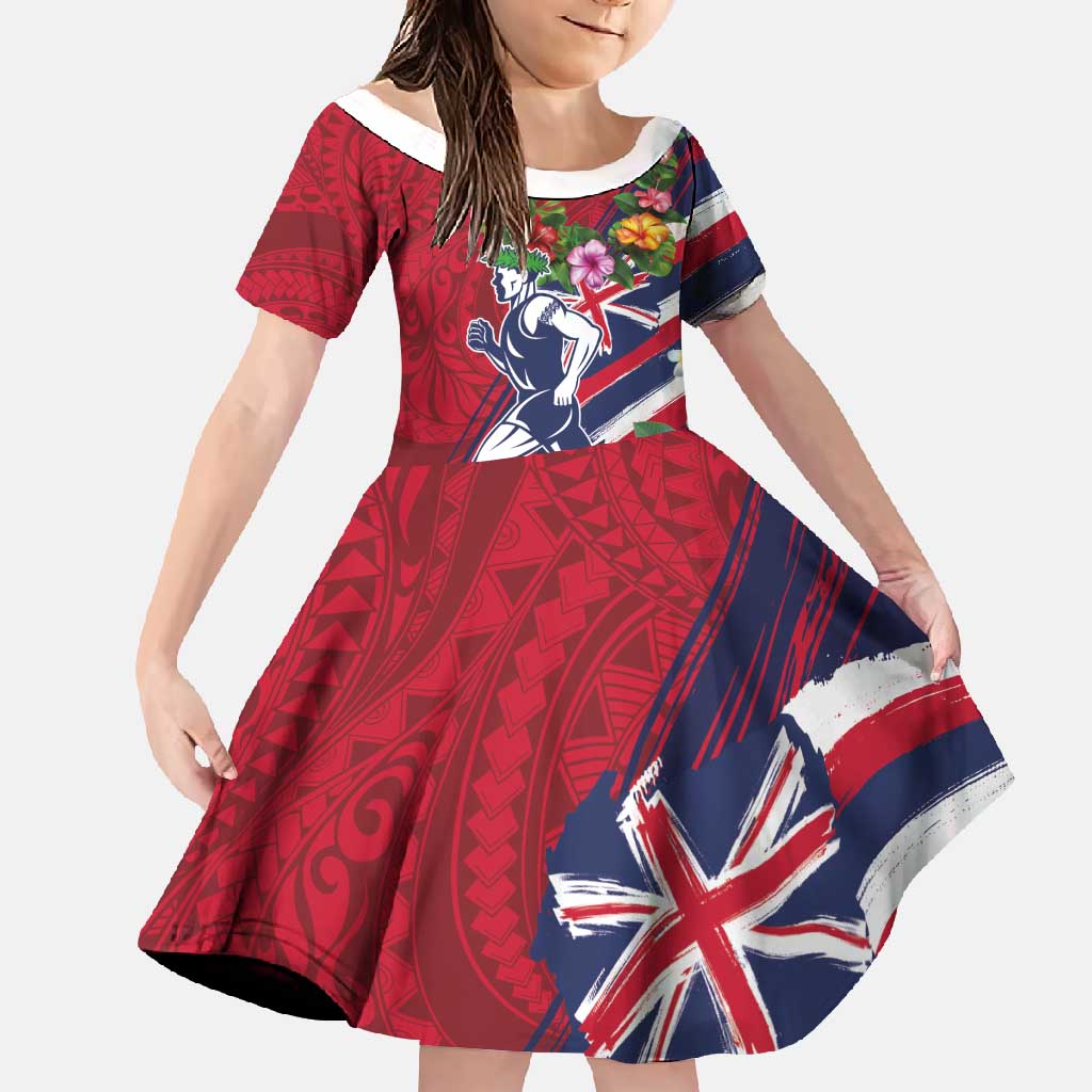 Hawaii Runner-Kakau Art with Lei and Plumeria Family Matching Short Sleeve Bodycon Dress and Hawaiian Shirt LT03 Daughter's Dress Red-Blue - Polynesian Pride