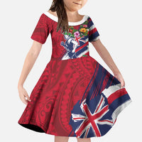 Hawaii Runner-Kakau Art with Lei and Plumeria Family Matching Short Sleeve Bodycon Dress and Hawaiian Shirt LT03 Daughter's Dress Red-Blue - Polynesian Pride