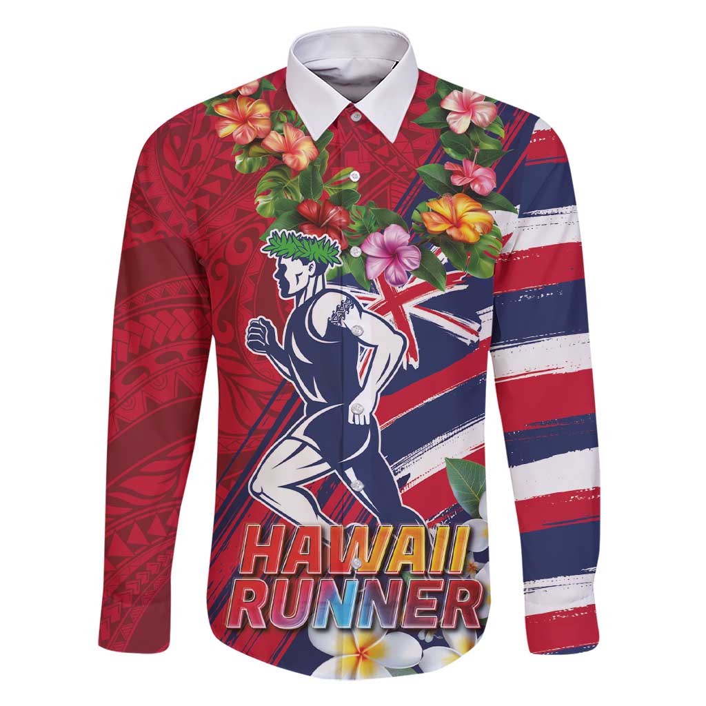 Hawaii Runner-Kakau Art with Lei and Plumeria Family Matching Short Sleeve Bodycon Dress and Hawaiian Shirt LT03 Dad's Shirt - Long Sleeve Red-Blue - Polynesian Pride