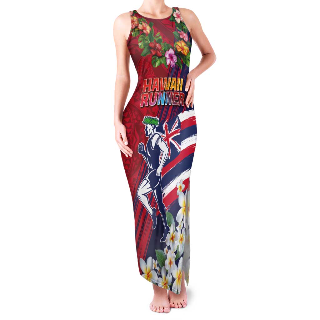 Hawaii Runner-Kakau Art with Lei and Plumeria Family Matching Tank Maxi Dress and Hawaiian Shirt LT03 Mom's Dress Red-Blue - Polynesian Pride