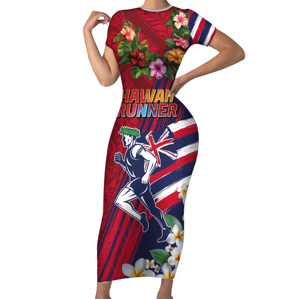 Hawaii Runner-Kakau Art with Lei and Plumeria Short Sleeve Bodycon Dress
