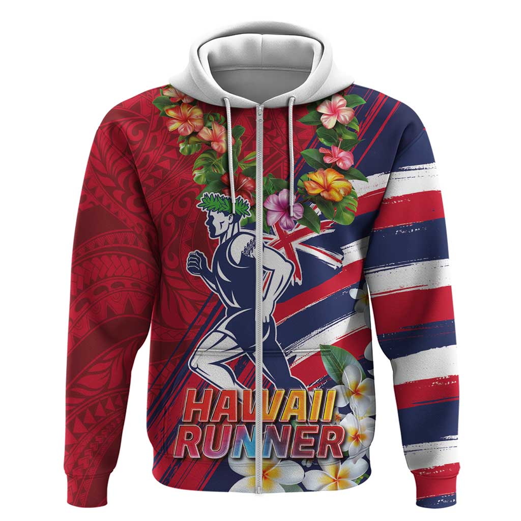 Hawaii Runner-Kakau Art with Lei and Plumeria Zip Hoodie LT03 Zip Hoodie Red-Blue - Polynesian Pride