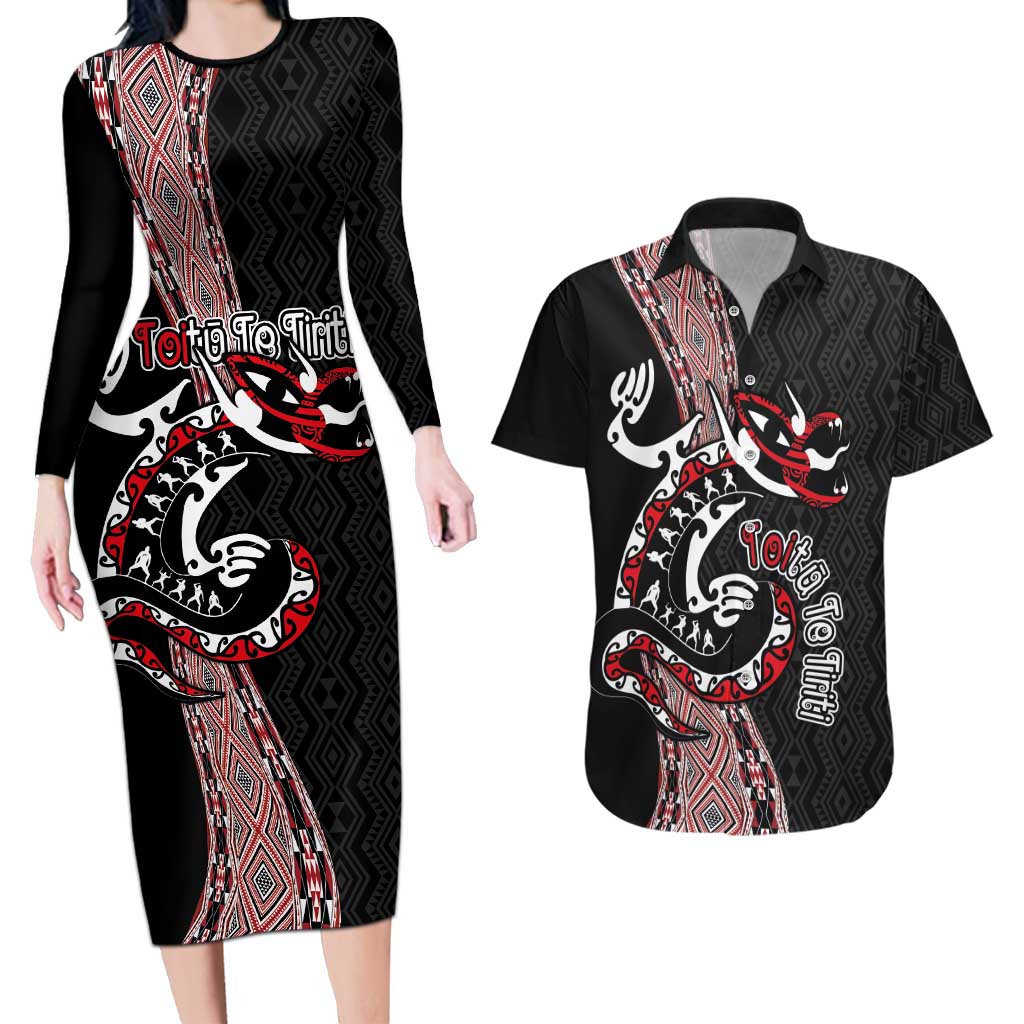 Aotearoa Toitu Te Tiriti Taniko Couples Matching Long Sleeve Bodycon Dress and Hawaiian Shirt Maori Taniwha Haka - Honour the Treaty LT03 Black - Polynesian Pride