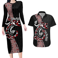 Aotearoa Toitu Te Tiriti Taniko Couples Matching Long Sleeve Bodycon Dress and Hawaiian Shirt Maori Taniwha Haka - Honour the Treaty LT03 Black - Polynesian Pride