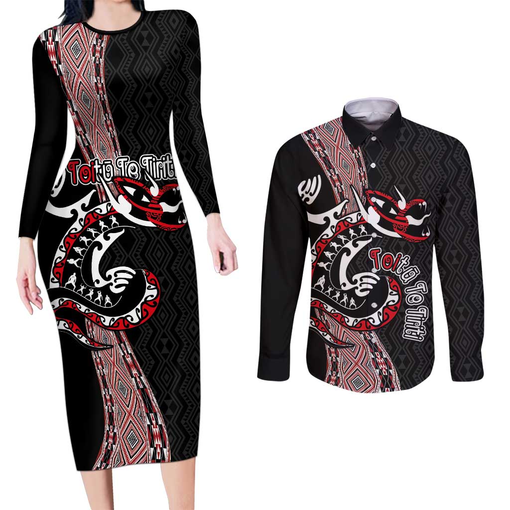 Aotearoa Toitu Te Tiriti Taniko Couples Matching Long Sleeve Bodycon Dress and Long Sleeve Button Shirt Maori Taniwha Haka - Honour the Treaty LT03 Black - Polynesian Pride