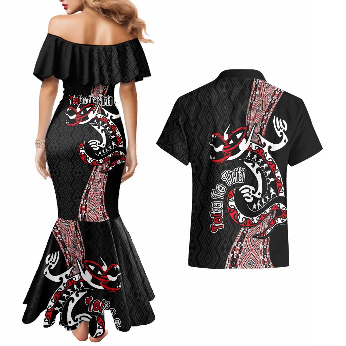 Aotearoa Toitu Te Tiriti Taniko Couples Matching Mermaid Dress and Hawaiian Shirt Maori Taniwha Haka - Honour the Treaty LT03 - Polynesian Pride