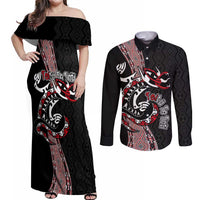 Aotearoa Toitu Te Tiriti Taniko Couples Matching Off Shoulder Maxi Dress and Long Sleeve Button Shirt Maori Taniwha Haka - Honour the Treaty LT03 Black - Polynesian Pride